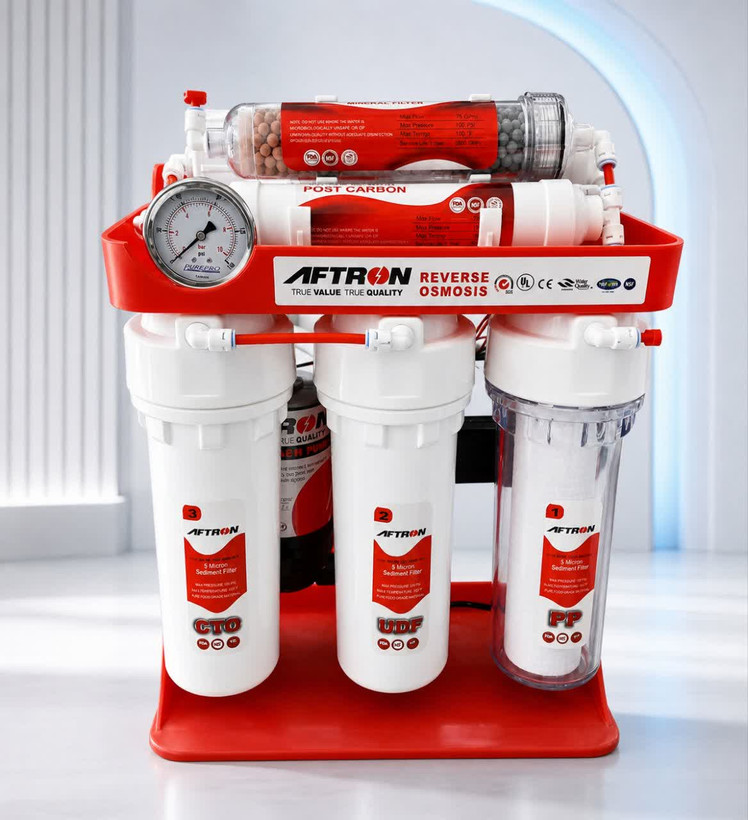 تصفیه آب ۶ مرحلهای افترون (AFTRON)؛ شاسی ضدزنگ و کیفیت تایوان در آبی ناب